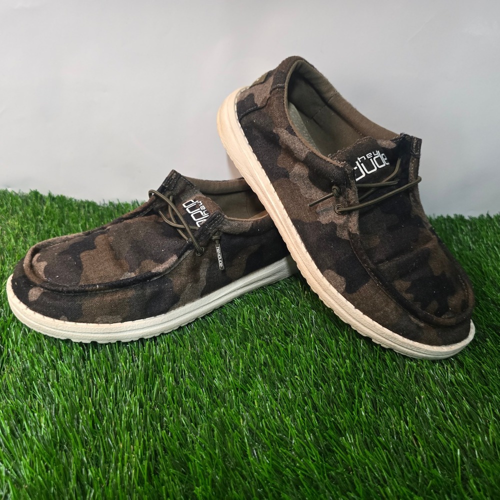 Hey Dude Size 6 Camo Wally Linen Youth Loafers Slip On Shoes 130157003